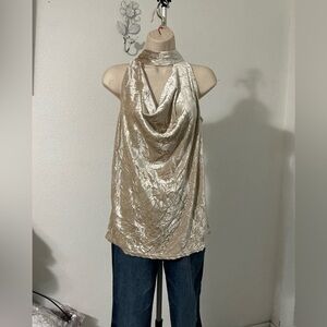 NWT LOLA & SOPHIE: Beige Crushed Velvet Cowl Neck Sleeveless Top -Siz…